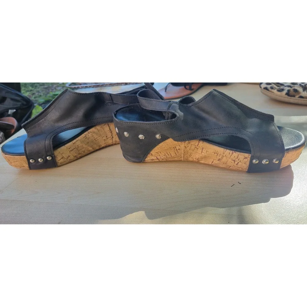 Black Leather Cork Wedge Sandals Studded Slingback Platform‎ Open Toe Shoes